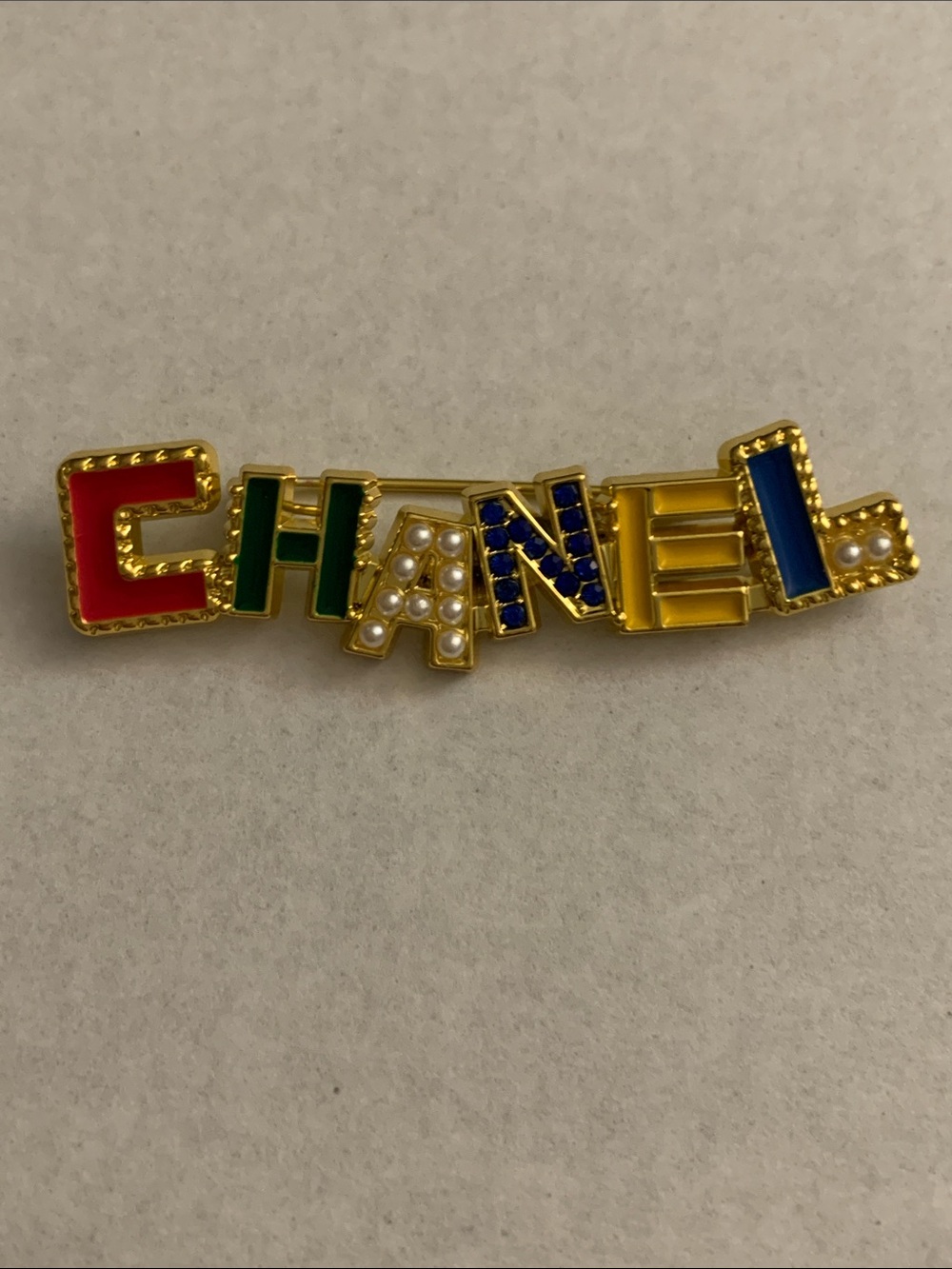 Brand New  Multicolor Enamel, Pearl & Crystal Logo Brooch - Gold